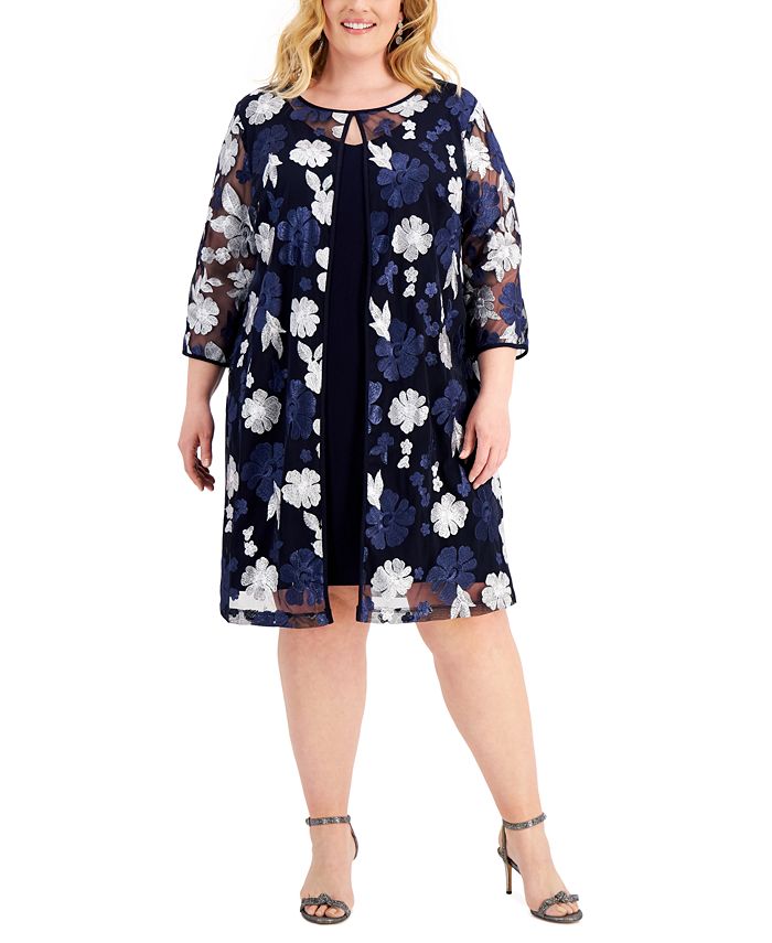 Connected Plus Size Mesh Embroidered Jacket & Dress & Reviews - Dresses ...