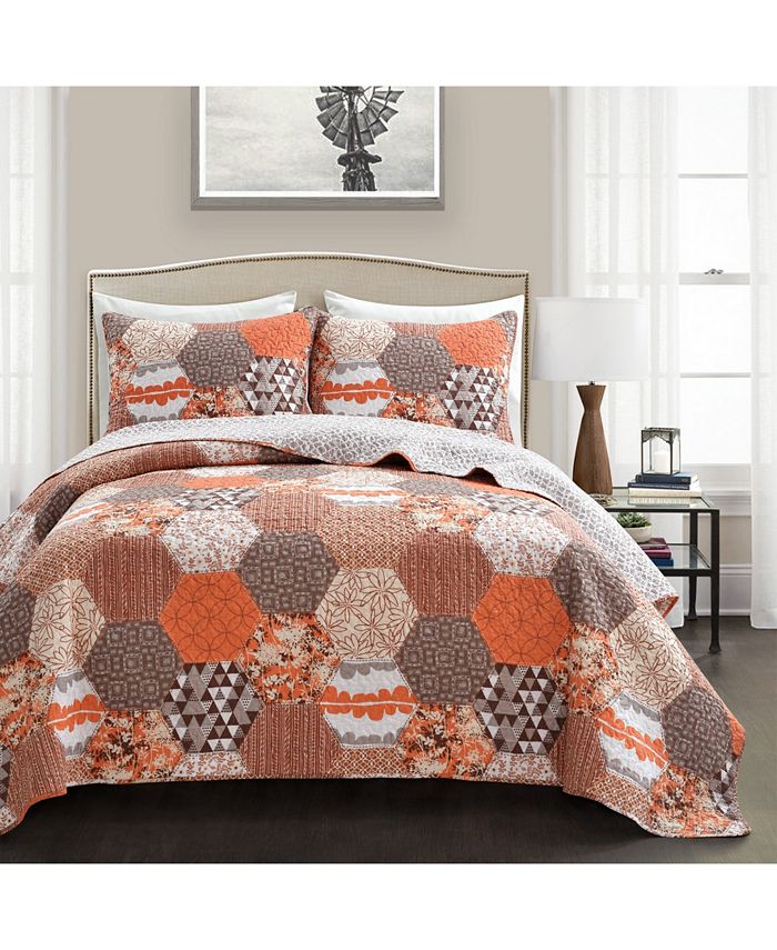 Lush Decor Briley Set Copripiumino Reversibile 3 Pezzi King Size - Cotone 100% Con Motivo Traliccio, Colore Mandarino