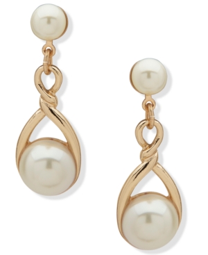 Anne Klein Gold-tone Imitation Pearl Twisted Drop Earrings In White