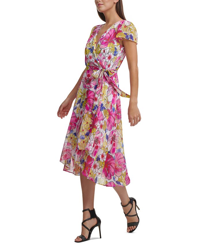 DKNY Womens Zippered Floral Short Sleeve V Neck Midi Faux Wrap Dress