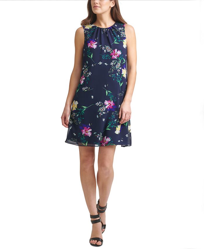 DKNY Floral-Print Pleat-Neck Trapeze Dress - Macy's