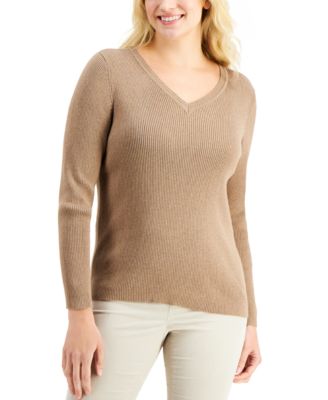 Petite Ribbed V-Neck Sweater, Created for Macy's