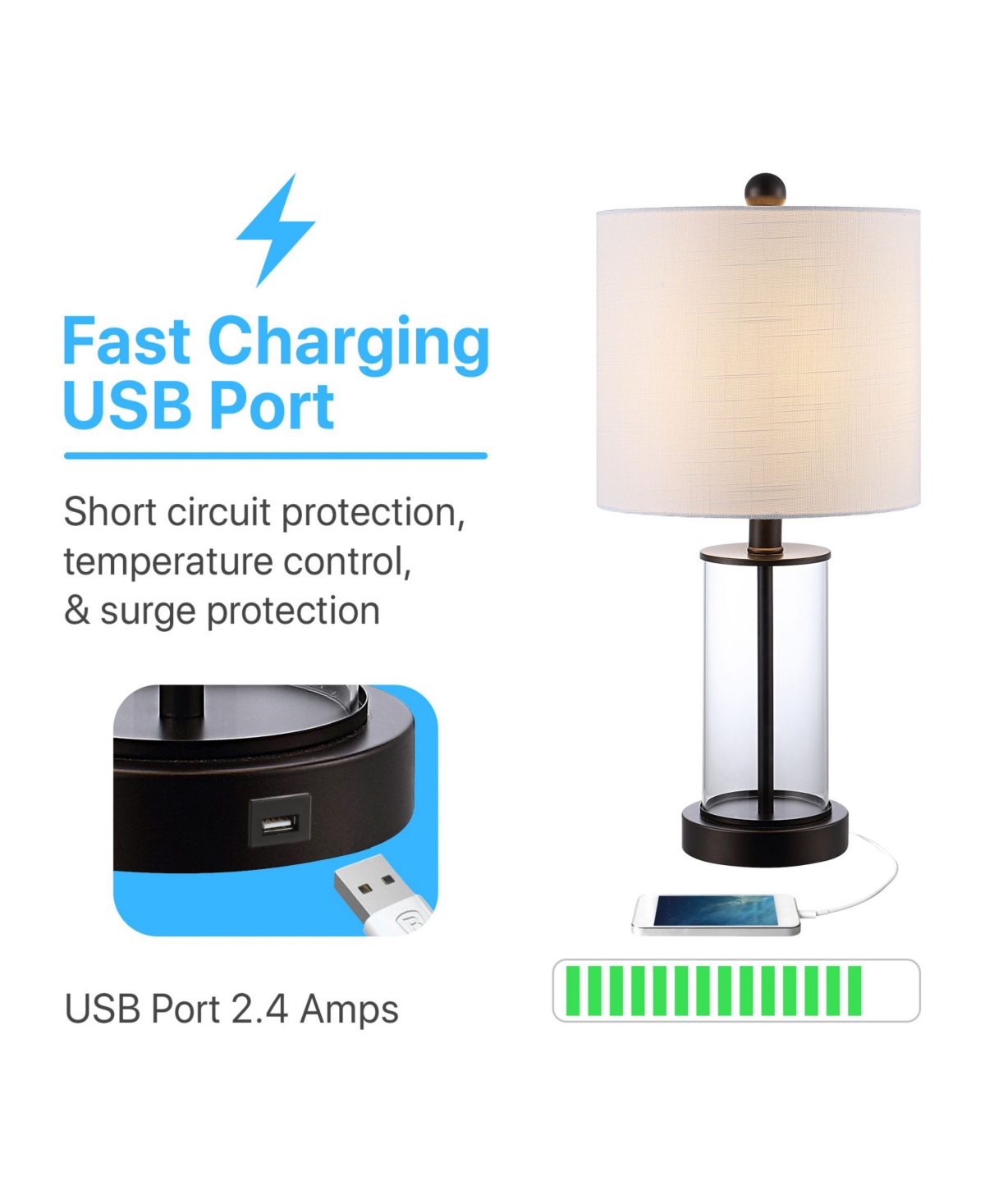 Abner Glass Modern Contemporary Usb Charging Led Table Lamp, Set of 2