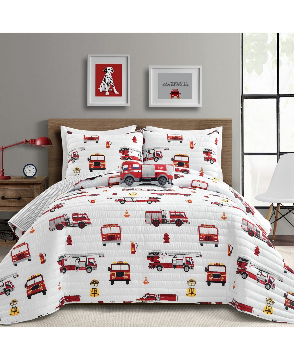 Lush Decor Fire Truck 3 Piece Quilt Set for Kids, - White