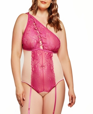 ICOLLECTION ALANIS PLUS SIZE ONE SHOULDER FLORAL LACE UP BODYSUIT PATTERNED IN LACE AND MESH SET