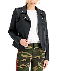 Juniors' Faux-Leather Fringe Moto Jacket, Created for Macy's