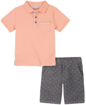 Calvin Klein Little Boys Salmon Knit Polo with Chambray Print Short Set 2 Piece