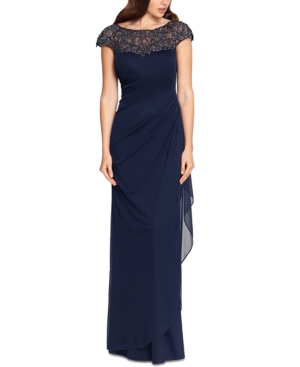 Xscape Petite Embellished Illusion-yoke Gown In Navy Blue/gunmetal