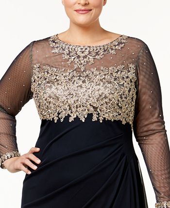 XSCAPE - Plus Size Embroidered Illusion Gown
