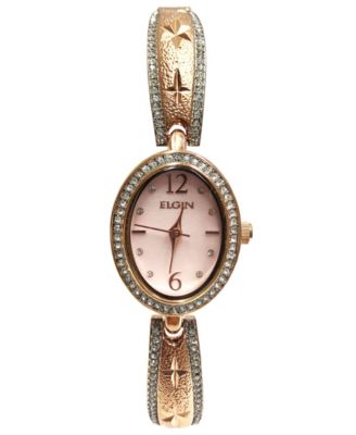Elgin Women's Oval Face with Diamond Half Bangle Rose-Tone Strap Watch ...