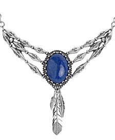 Denim Lapis Gemstone Plaque with Feather Dangles Necklace in Sterling Silver