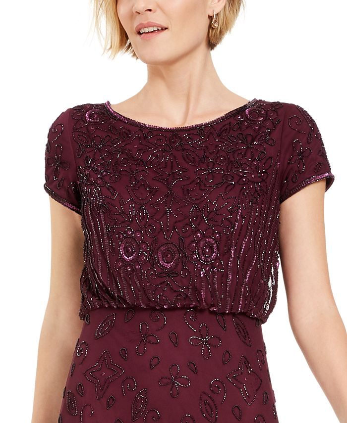 Adrianna Papell Beaded Short-Sleeve Gown - Macy's