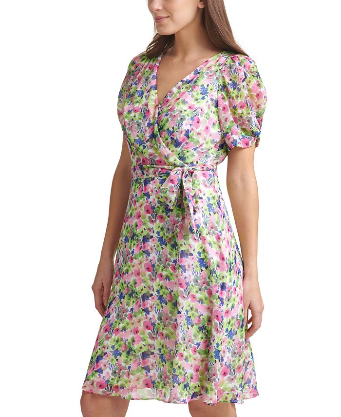 DKNY Floral-Print Faux-Wrap Dress - Macy's