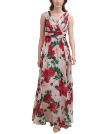 Floral-Print Pleated-Bodice Gown