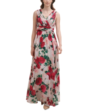 CALVIN KLEIN FLORAL-PRINT PLEATED-BODICE GOWN