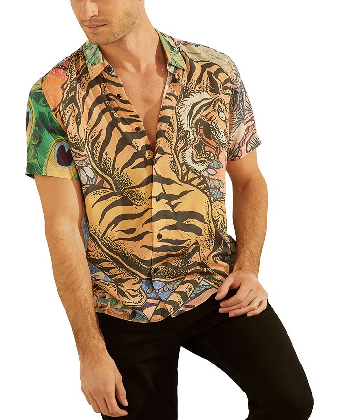 GUESS Men's Eco Bonsai Fitted Tiger-Print Shirt - Macy's