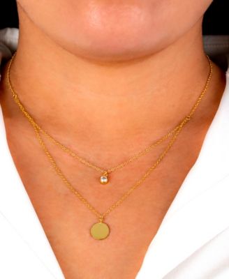Double Layered 16" + 2" Cubic Zirconia Solitaire and 10mm Disc Chain Necklace in Gold Over Sterling Silver