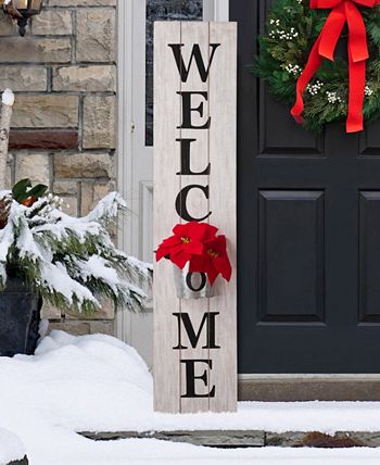 Glitzhome - 42"H Wooden White WELCOME Porch Sign with Metal Planter