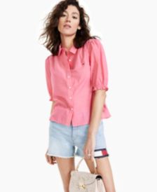 Button-Down Puff-Sleeve Chambray Top