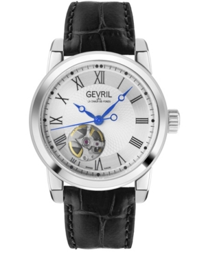 GEVRIL MEN'S MADISON SWISS AUTOMATIC BLACK LEATHER STRAP WATCH 39MM