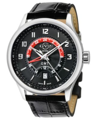 Gevril Men's Giromondo Swiss Quartz Black Leather Strap Watch 42mm