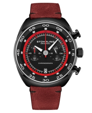 Stuhrling Men's Chrono Red Genuine Leather Strap Watch With Tachymeter 44mm In Black