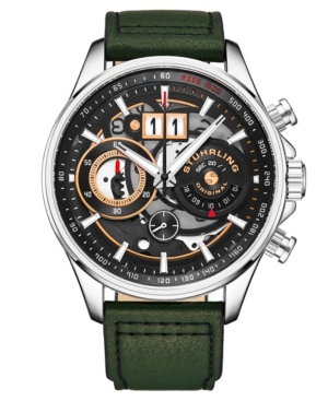 Stuhrling Men's Quartz Green Genuine Leather Strap Watch 45mm In Black