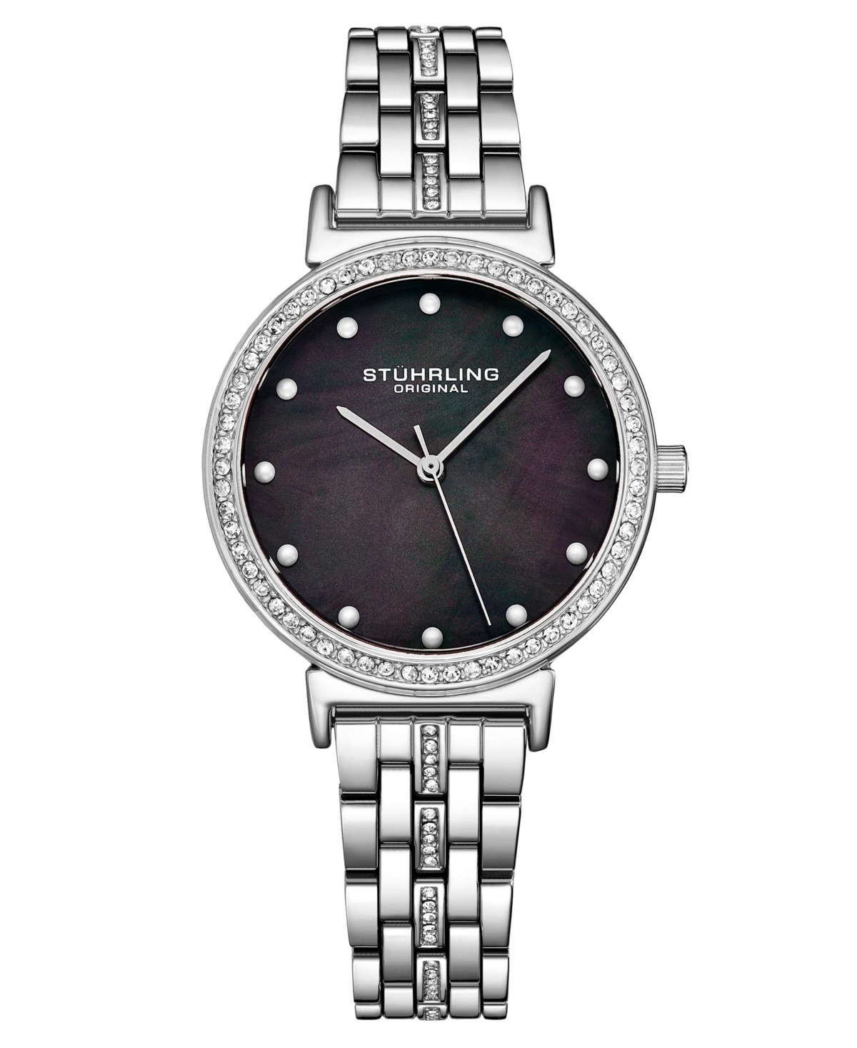 Women's Silver-Tone Link Bracelet with Crystals Studded Strip Watch 33mm - Black
