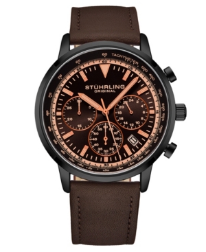 Stuhrling Men's Chrono Dark Brown Genuine Leather Strap Watch 44mm