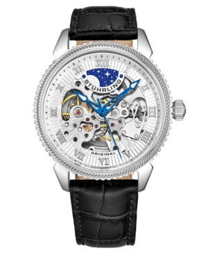 Stuhrling Men's Automatic Black Alligator Embossed Genuine Leather Strap Watch 40mm In White