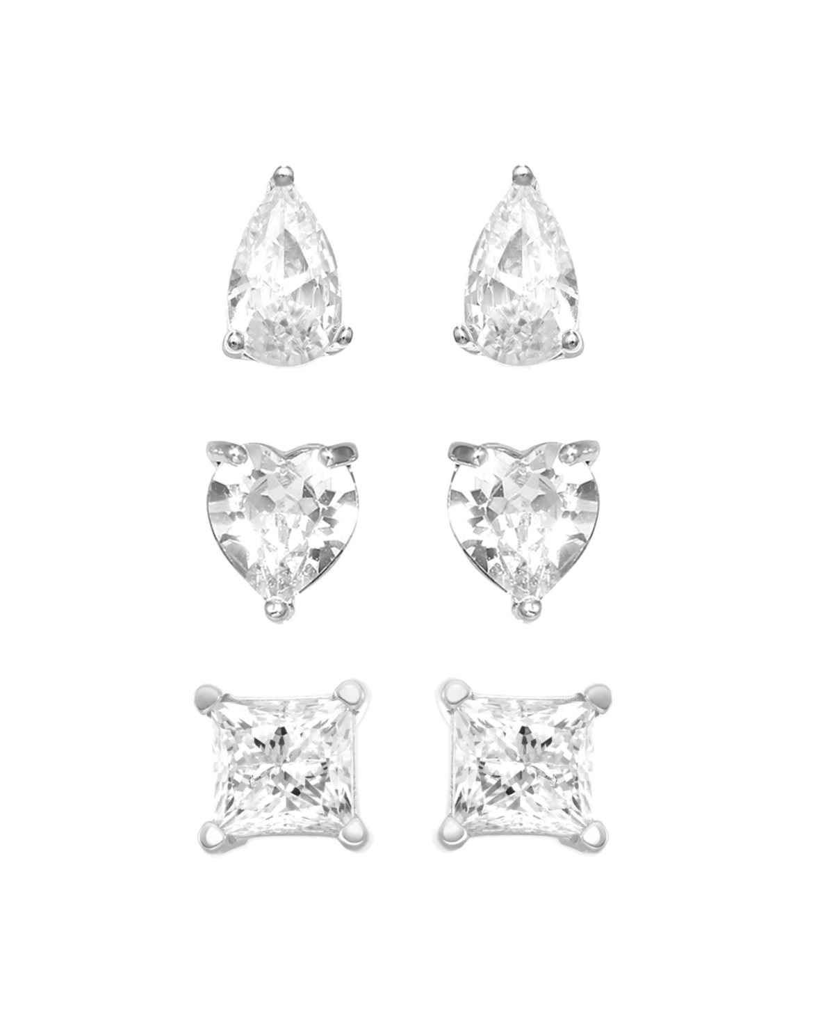 3pc Set Cubic Zirconia Stud Earrings Silver Plated - Silver