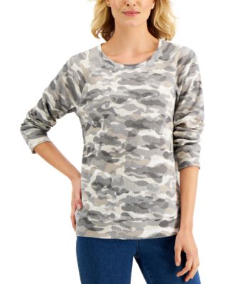 Karen Scott - Camo-Print Waffled Crewneck Top