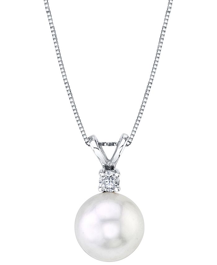 Macy's - Cultured White South Sea Pearl (9mm) & Diamond (1/10 ct. t.w.) 18" Pendant Necklace in 14k White Gold
