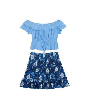Big Girls Textured Top with Patterned Ruffle Skirt Set