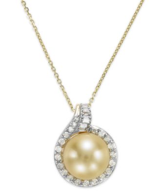 Macy's - 14k Gold Golden South Sea Pearl (12mm) and Diamond (1/2 ct. t.w.) Pendant Necklace
