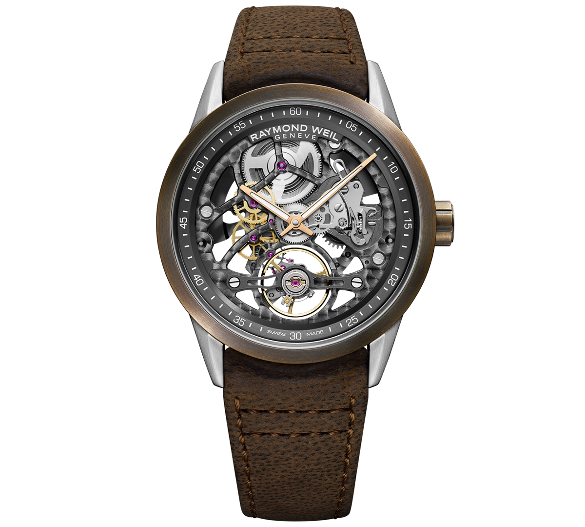 Raymond Weil Men's Swiss Automatic Freelancer Brown Leather Strap Watch 42mm In Bronze