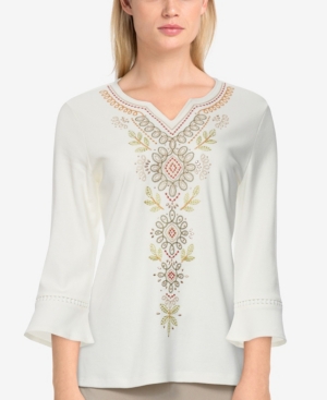 Alfred Dunner Women's Missy San Antonio Embroidered Bell Sleeve Top In Ivory