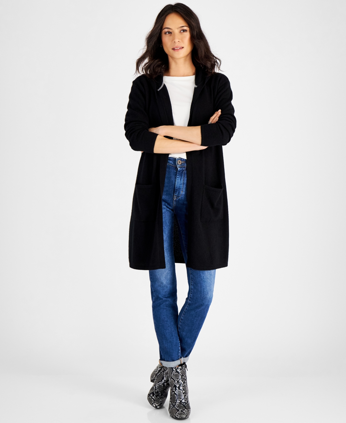 Charter Club Petite's 100% Cashmere Open-front Hoodie, Created For Macy's In Classic Black