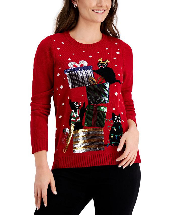 Karen Scott - Embellished Cotton Holiday Cats Sweater