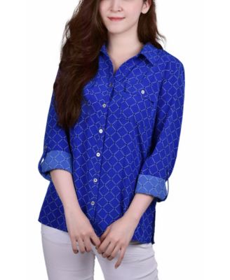 Petite 3/4 Sleeve Roll Tab Notch Collar Blouse 
