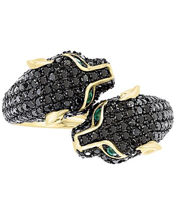 EFFY Collection - Black Diamond (1-1/2 ct. t.w.) & Emerald (1/20 ct. t.w.) Double Panther Head Ring in 14k Gold
