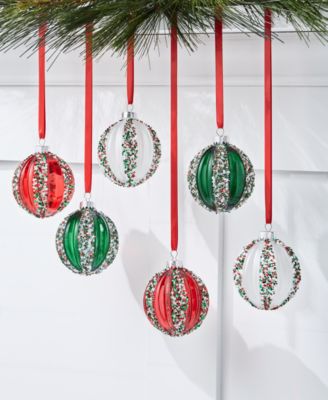Holiday Lane - Christmas Cheer Set of 6 Red, Green & White Stripe Shatterproof Ball Ornaments