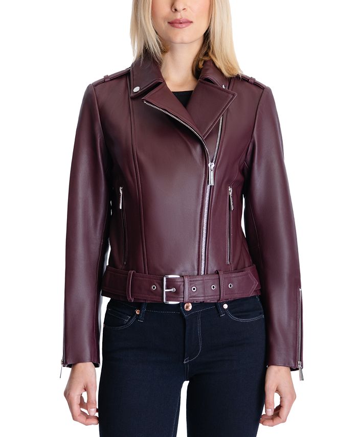 Michael Kors Petite Belted Leather Moto Coat, Created for Macy's - Macy's