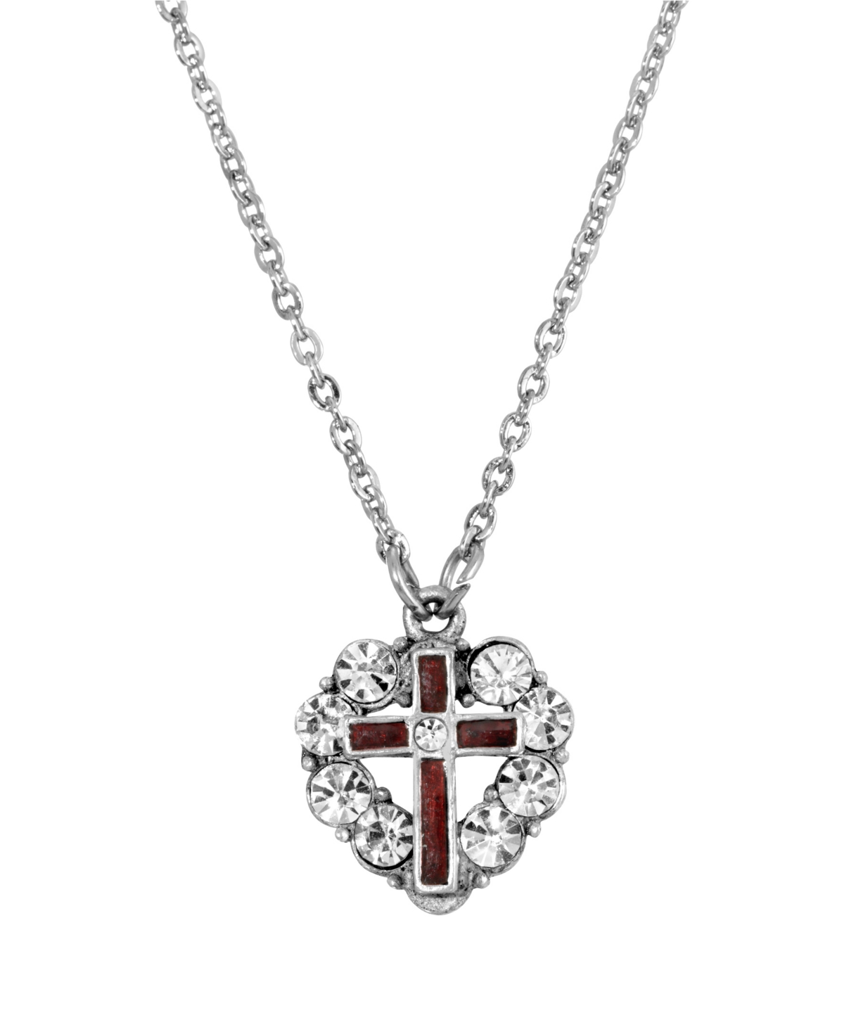 Pewter Red Enamel Cross Crystal Heart Necklace - Red