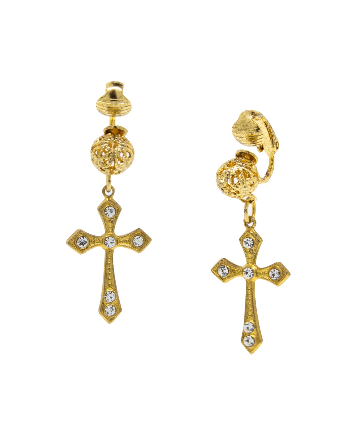 14K Gold Dipped Crystal Cross Clip Earrings - White
