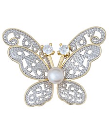 Cultured Freshwater Pearl (6mm) & Cubic Zirconia Butterfly Pin in Sterling Silver & 18k Gold-Plate