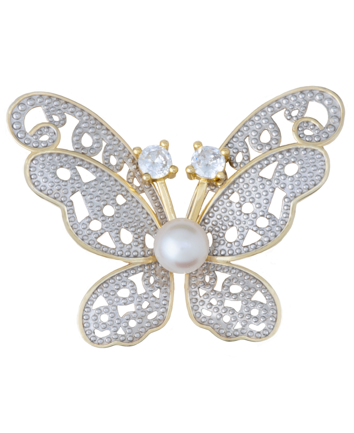Cultured Freshwater Pearl (6mm) & Cubic Zirconia Butterfly Pin in Sterling Silver & 18k Gold-Plate - White