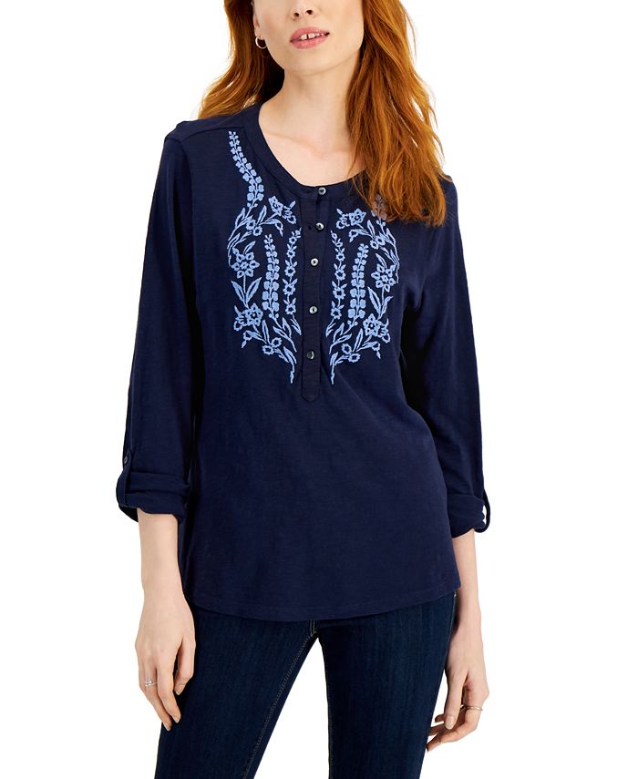 Style & Co Cotton Embroidered Jersey Top, Created for Macy's - Macy's