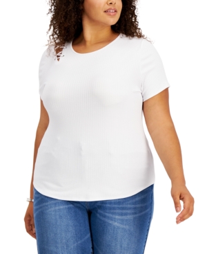 DEREK HEART TRENDY PLUS SIZE LACE-UP SHOULDER T-SHIRT