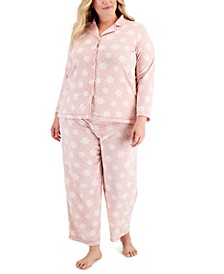 Plus Size Fleece Notch-Collar Pajamas Set, Created for Macy's